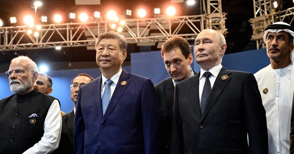 World leaders gathering at the annual BRICS leaders summit held in New Delhi, India, focusing on international cooperation and regional conflicts.
