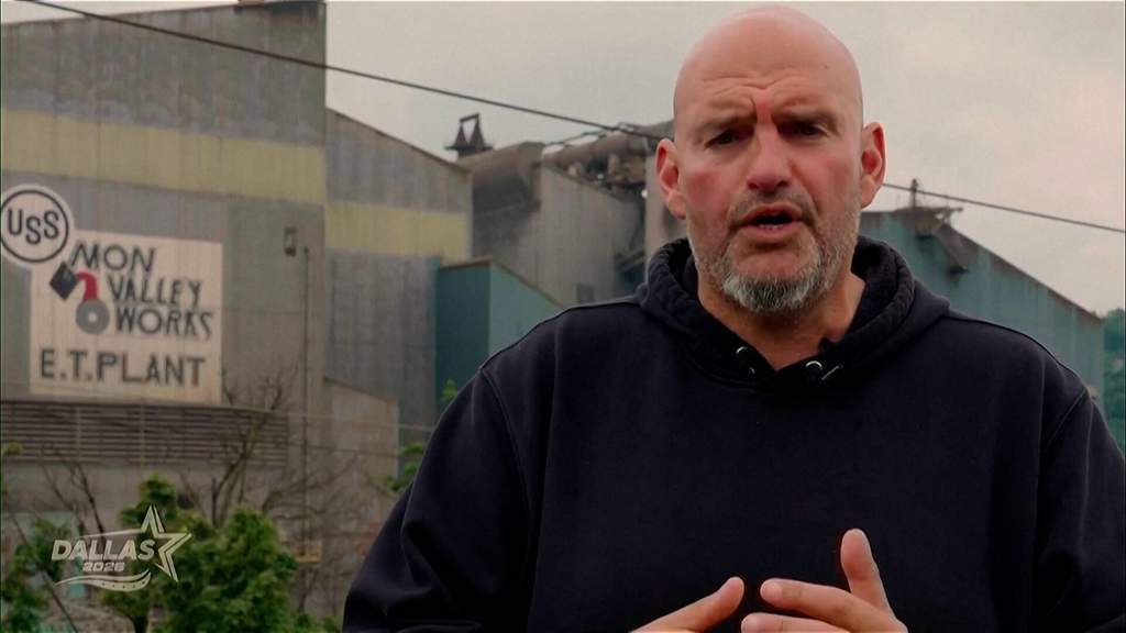 Pennsylvania Democratic Senator John Fetterman speaking during his surprise video appearance at the Republican political convention.