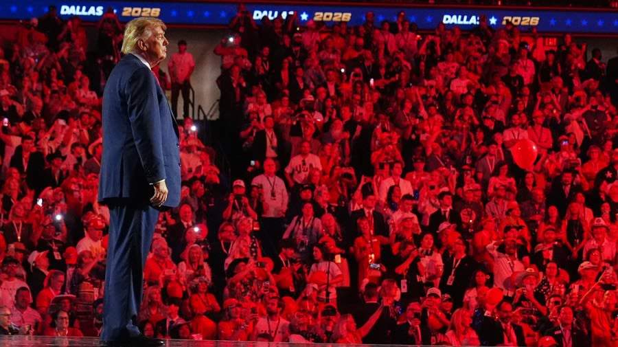 President Donald Trump addressing the enthusiastic crowd during the Republican midterm convention in Dallas, Texas.