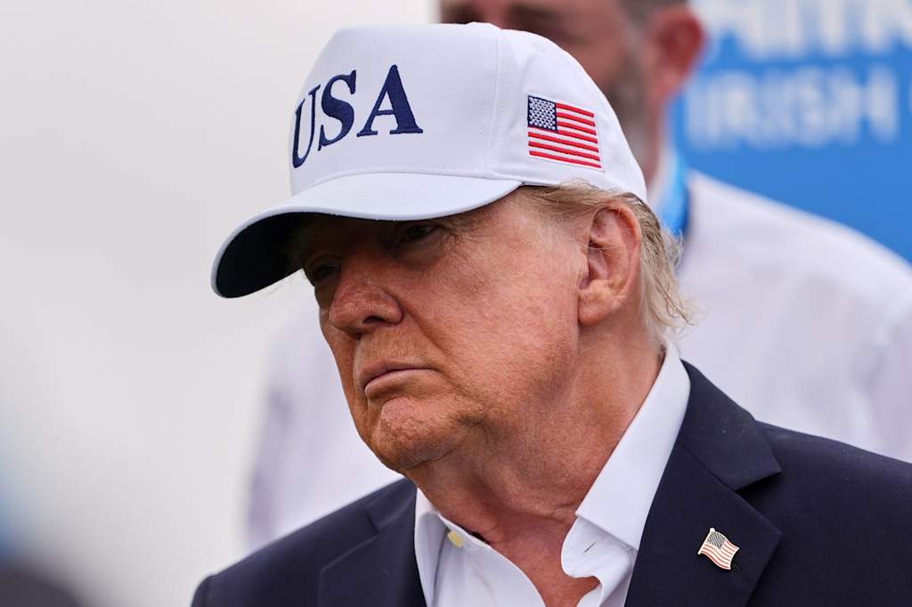 U.S. President Donald Trump speaking to reporters about global fuel shortages and the ongoing conflict on the sidelines of the Irish Open at Doonbeg golf club.