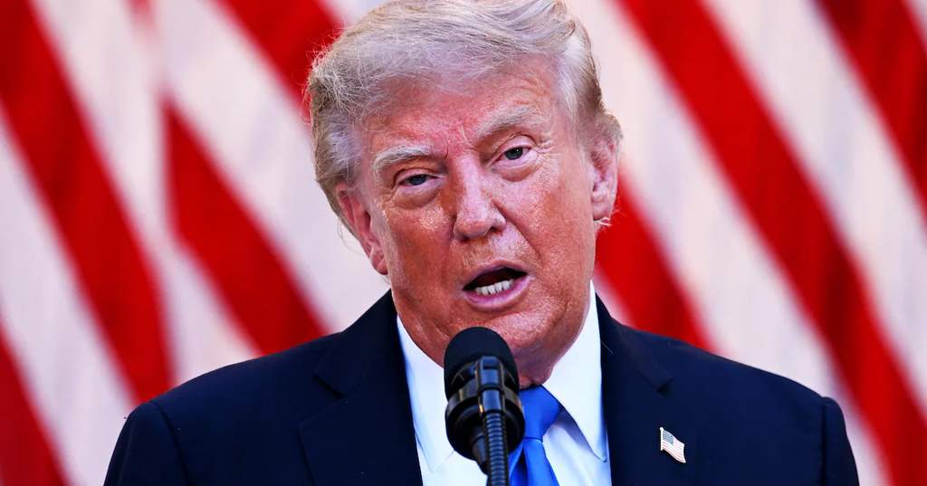 President Donald Trump delivering a speech at a public event, reflecting ongoing political developments during his second term.