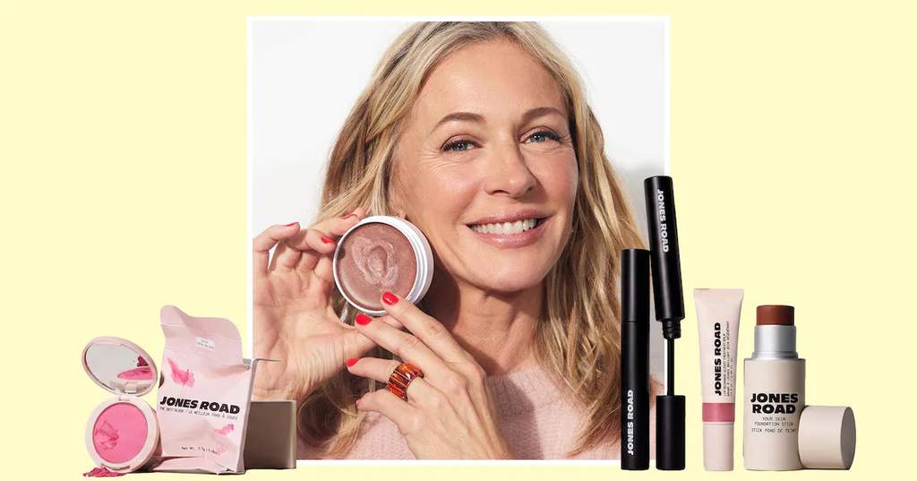 A collection of Jones Road Beauty products including Miracle Balm and Your Skin Stick Foundation arranged neatly on a modern vanity surface.