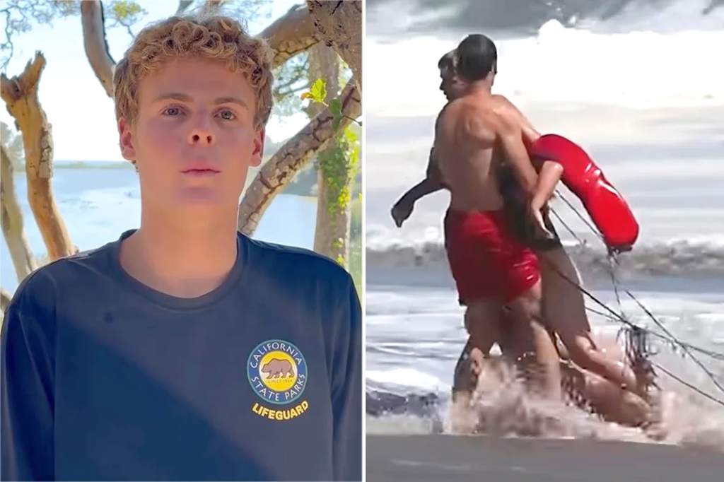 A teenage lifeguard scanning the ocean from an elevated wooden lifeguard tower overlooking the sandy beach and crashing waves.