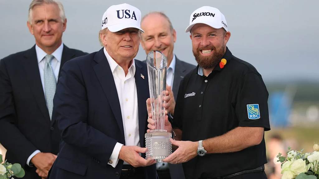 Golfer Shane Lowry holding the Amgen Irish Open trophy after winning the tournament at Trump International Golf Links and Hotel in Doonbeg.