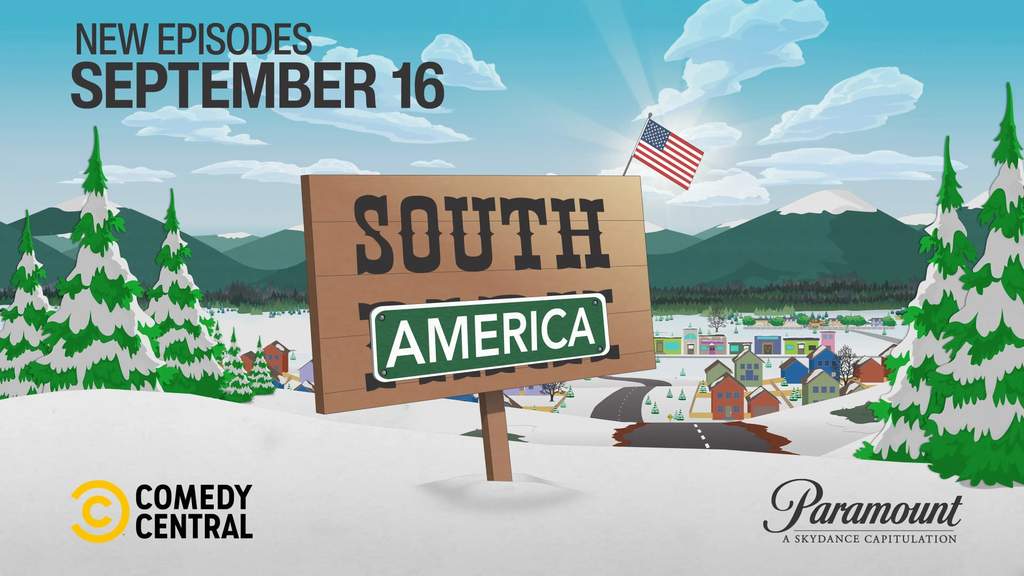 Animated characters from the comedy series South Park standing together against a snowy background in the fictional Colorado town.