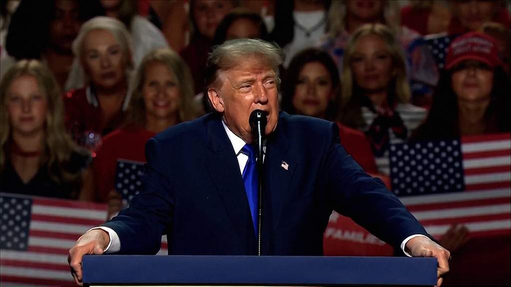 President Donald Trump delivering his keynote address at the Republican Party midterm political convention in Dallas, Texas.