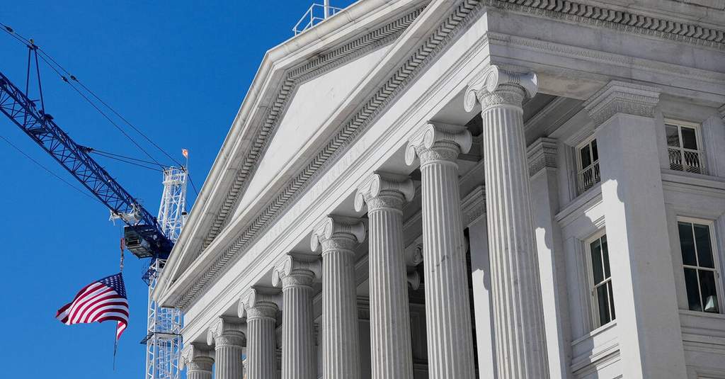 The facade of the US Treasury Department building in Washington, D.C., where federal financial policies and sanctions are administered.